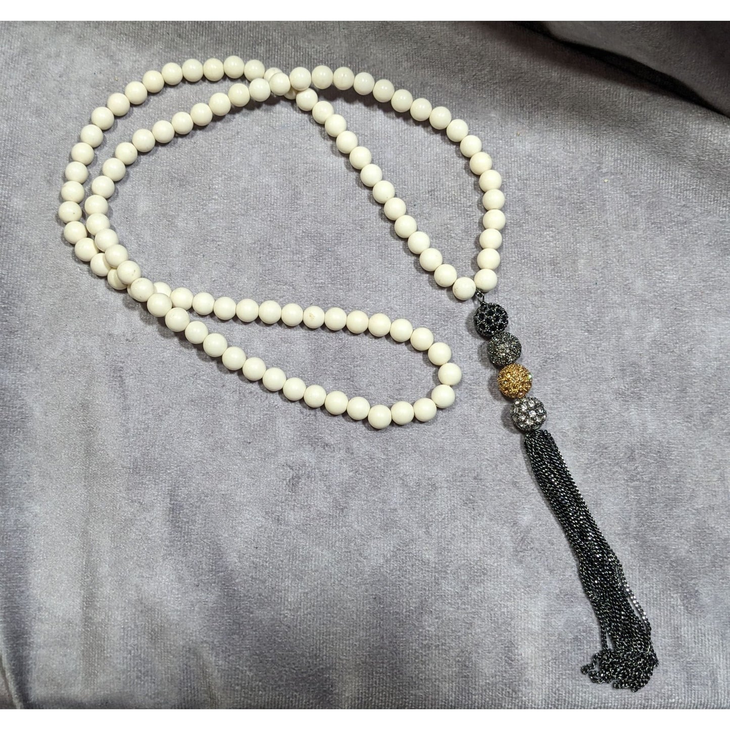 Boho Chic Stone Beaded Necklace With Metallic Rhinestone Bead And Chain Tassel