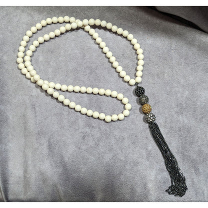 Boho Chic Stone Beaded Necklace With Metallic Rhinestone Bead And Chain Tassel