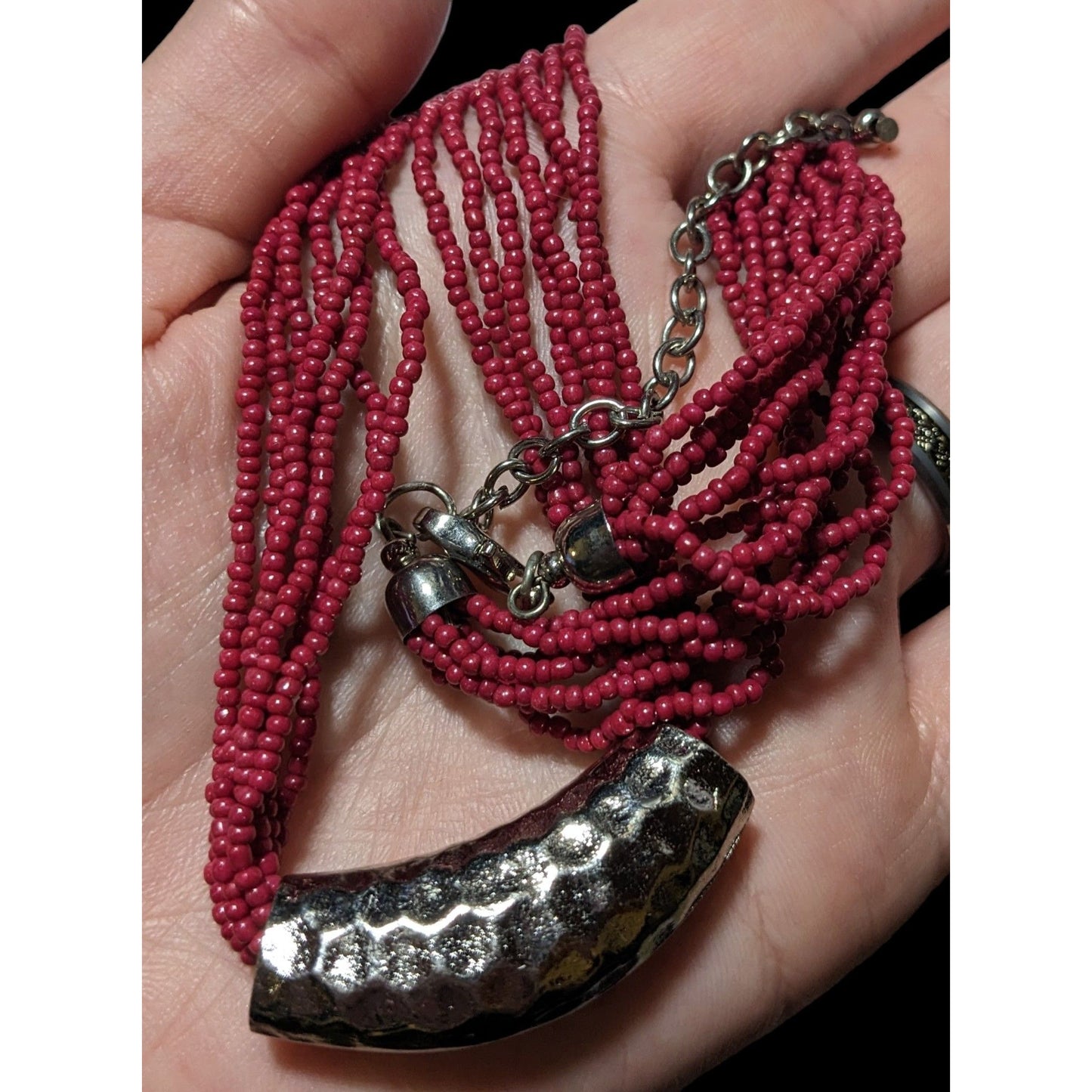 Red And Silver Beaded Multistrand Necklace