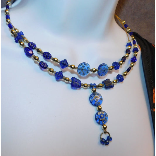 Blue And Gold Celestial Beaded  Necklace