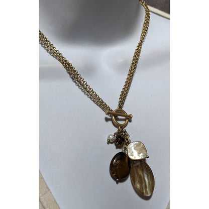 Retro Gold Shimmer Beaded Charm Toggle Necklace