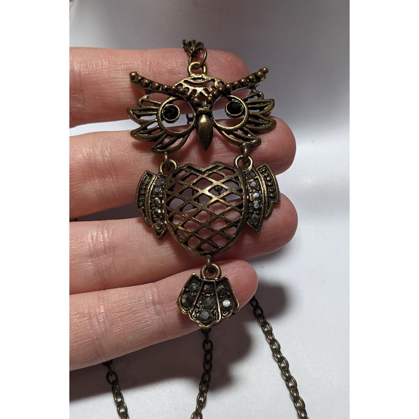 Vintage Brass Owl Pendant Necklace With Rhinestones