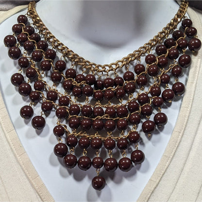 Elegant Bohemian Brown And Gold Tone Beaded Bib Necklace