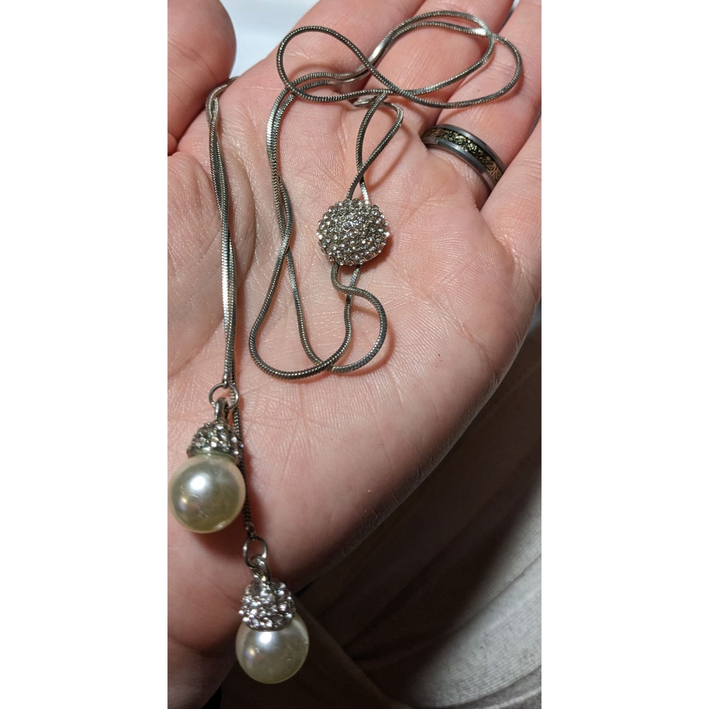 Silver Rhinestone Pearl Adjustable Bolo Necklace