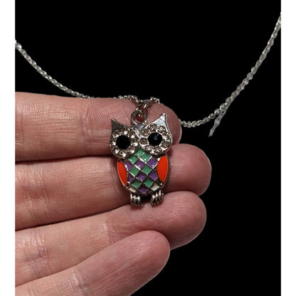 Rainbow Enamel Rhinestone Owl Pendant Necklace