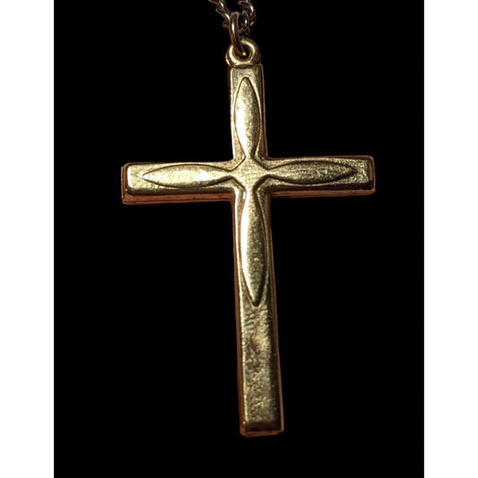 Gold Puffed Embossed Long Cross Necklace