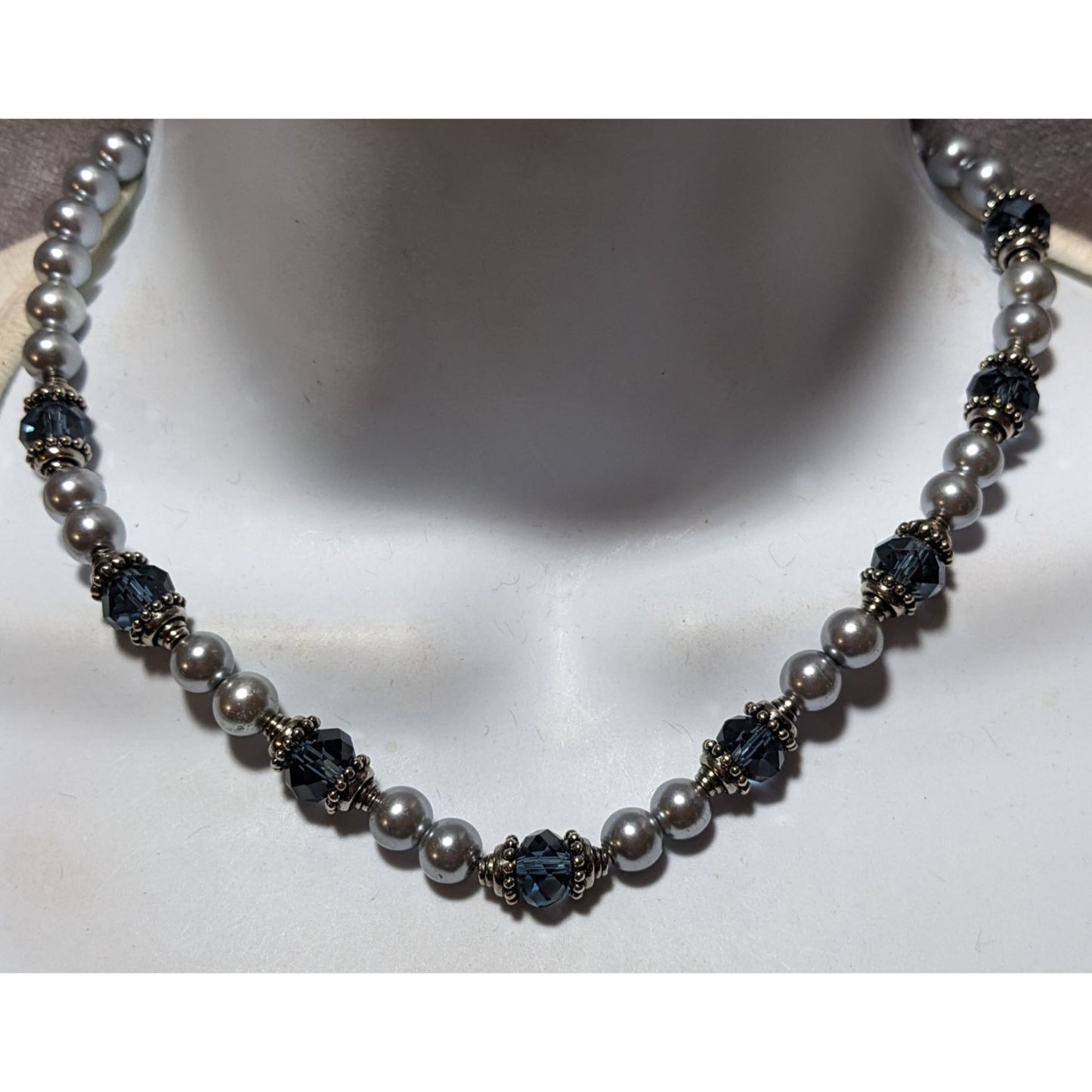 Elegant Silver Faux Pearl Beaded Glass Necklace