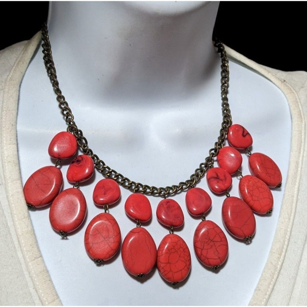 Red Howlite Beaded Fringe Statement Necklace