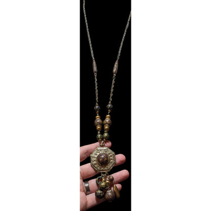 Vintage 80s Bohemian Metallic Beaded Tassel Necklace