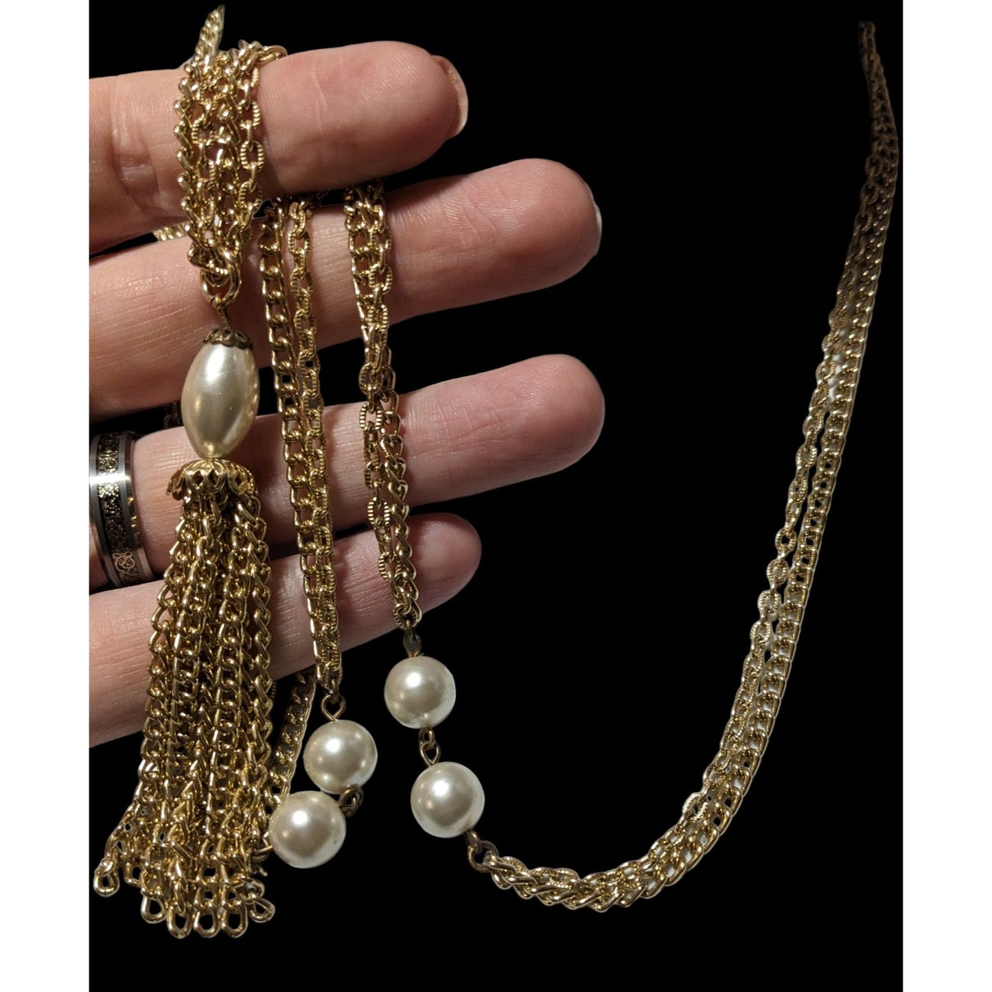 Gold Glam Pearl Beaded Chain Tassel Necklace