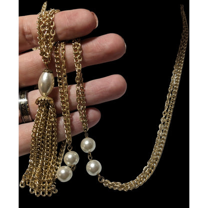 Gold Glam Pearl Beaded Chain Tassel Necklace