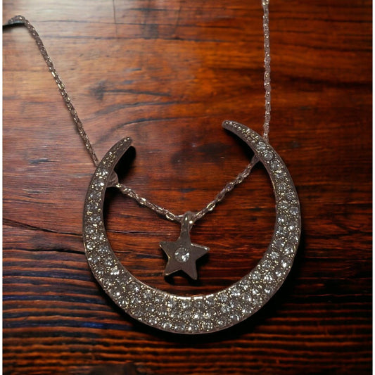 Moon And Suspended Star Gold Rhinestone Neckalce