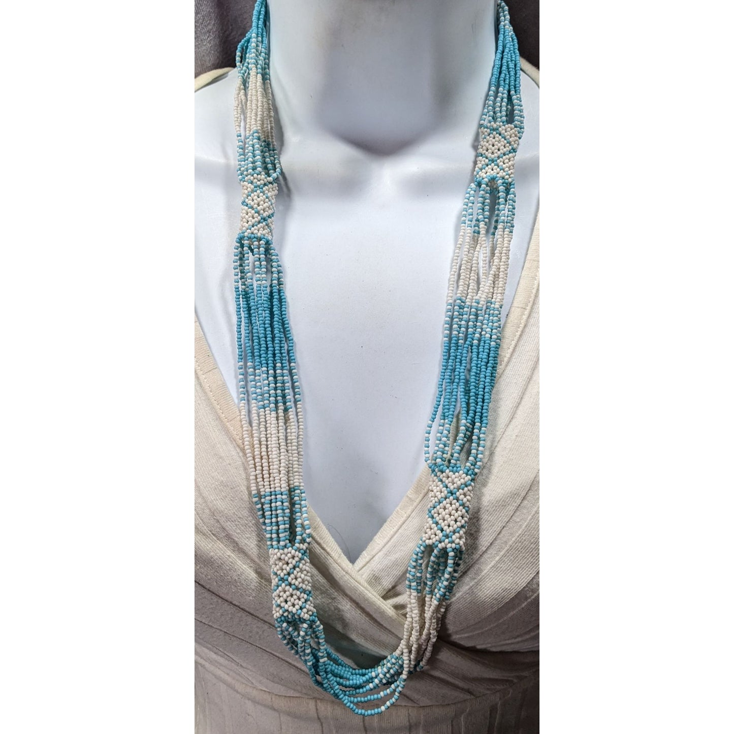 Vintage Handmade Blue And White Glass Seed Bead Necklace