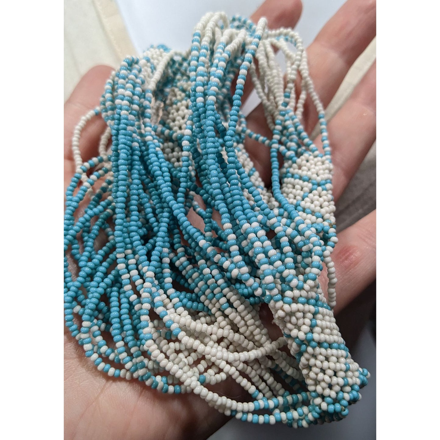 Vintage Handmade Blue And White Glass Seed Bead Necklace