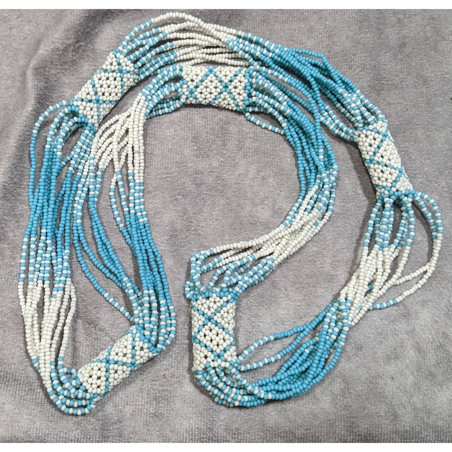 Vintage Handmade Blue And White Glass Seed Bead Necklace