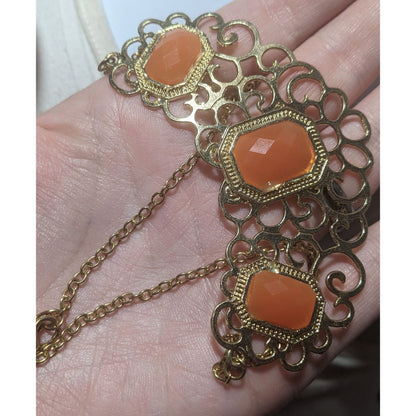 Vintage Gold Tone Filigree Necklace With Orange Stone Accents