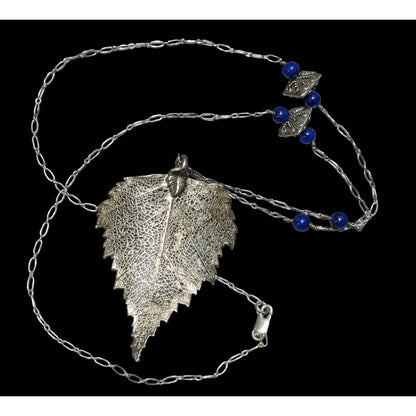 Vintage Silver And Blue Electroplated Birch Leaf Necklace