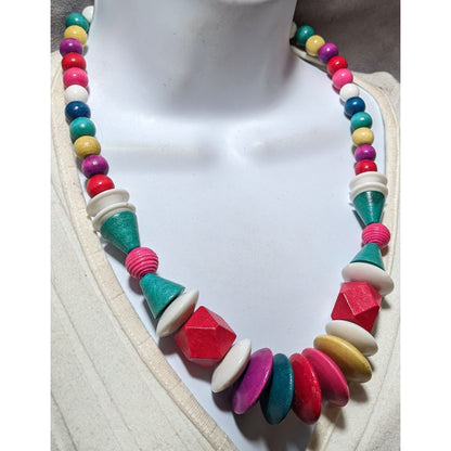 Vintage Rainbow Wood Beaded Statement Necklace