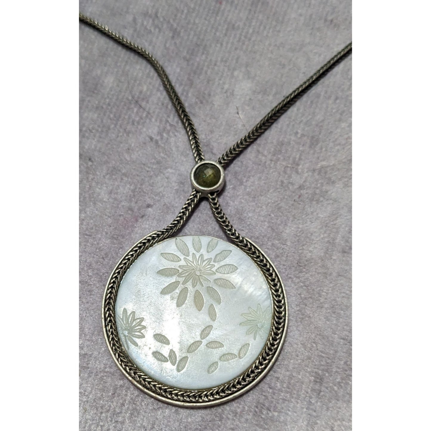 Vintage Versona Mother Of Pearl Carved Floral Pendant Necklace