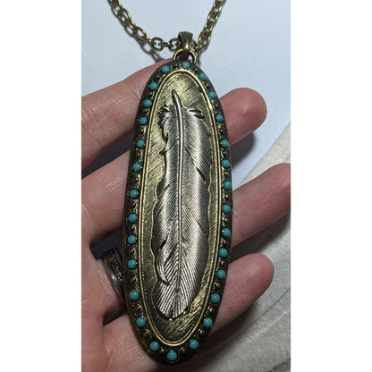 Bohemian Metal Turquoise Feather Pendant Necklace
