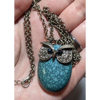 Turquoise Rhinestone Owl Necklace