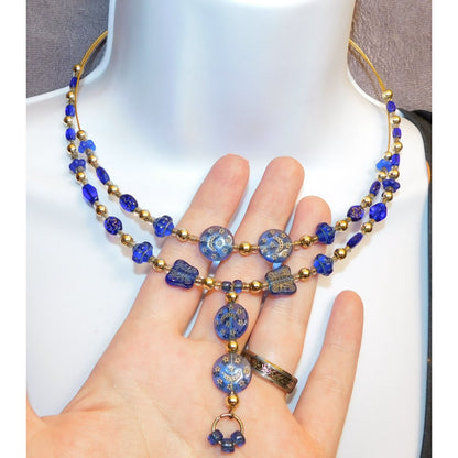 Blue And Gold Celestial Beaded  Necklace