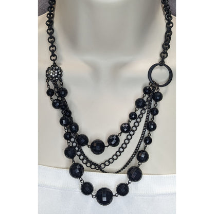 Goth Layered Black Beaded Chain Statement Necklace Rhinestone Accent
