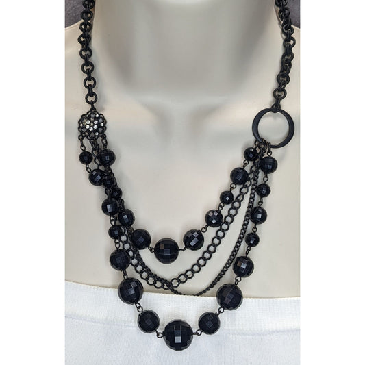 Goth Layered Black Beaded Chain Statement Necklace Rhinestone Accent
