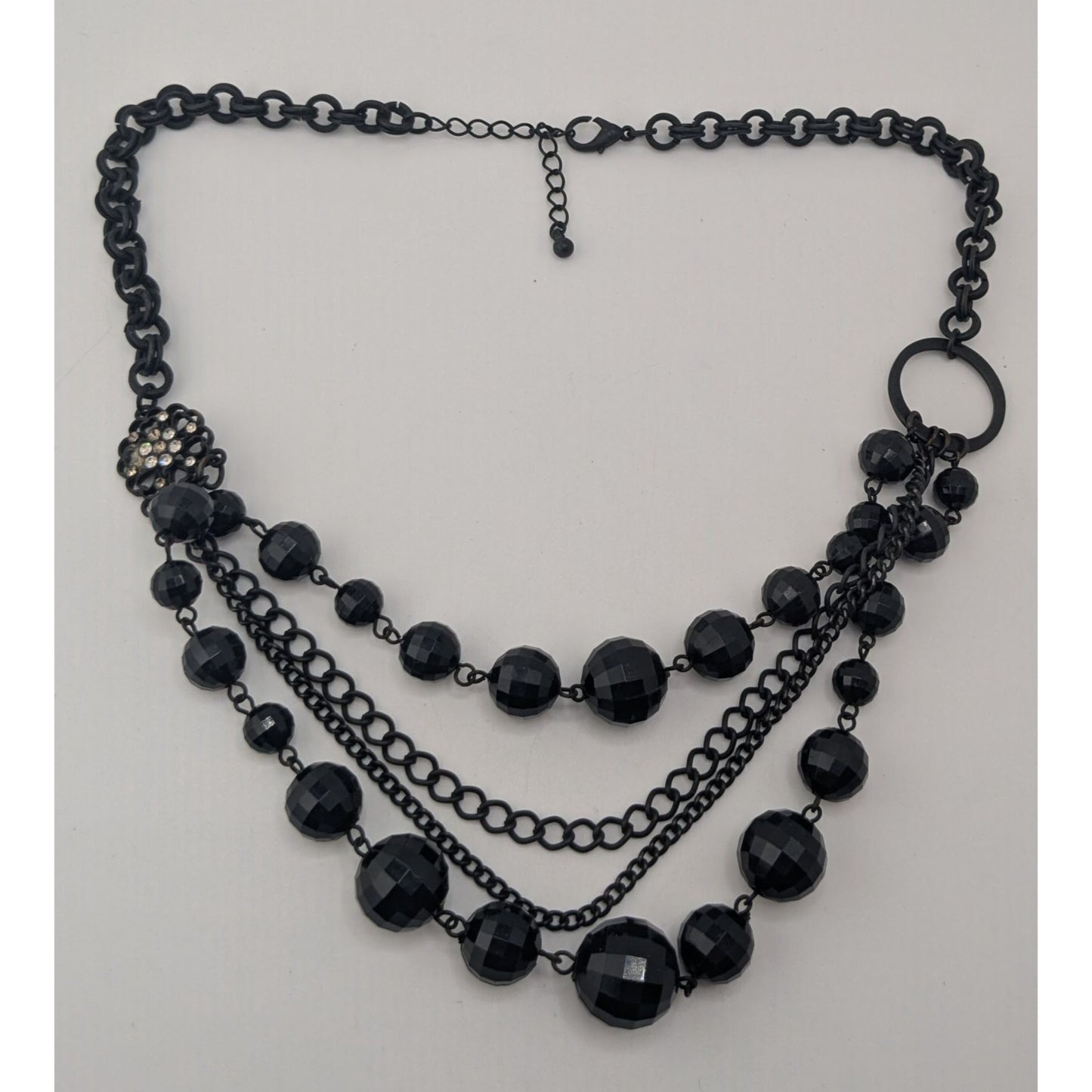 Goth Layered Black Beaded Chain Statement Necklace Rhinestone Accent