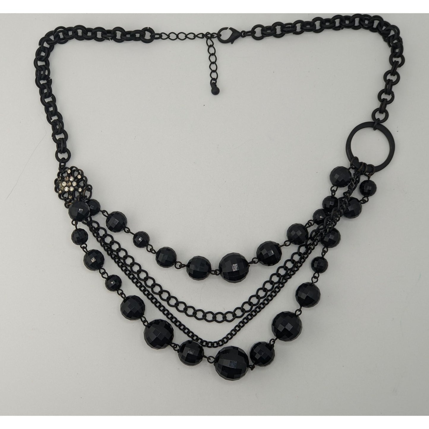 Goth Layered Black Beaded Chain Statement Necklace Rhinestone Accent