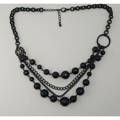 Goth Layered Black Beaded Chain Statement Necklace Rhinestone Accent