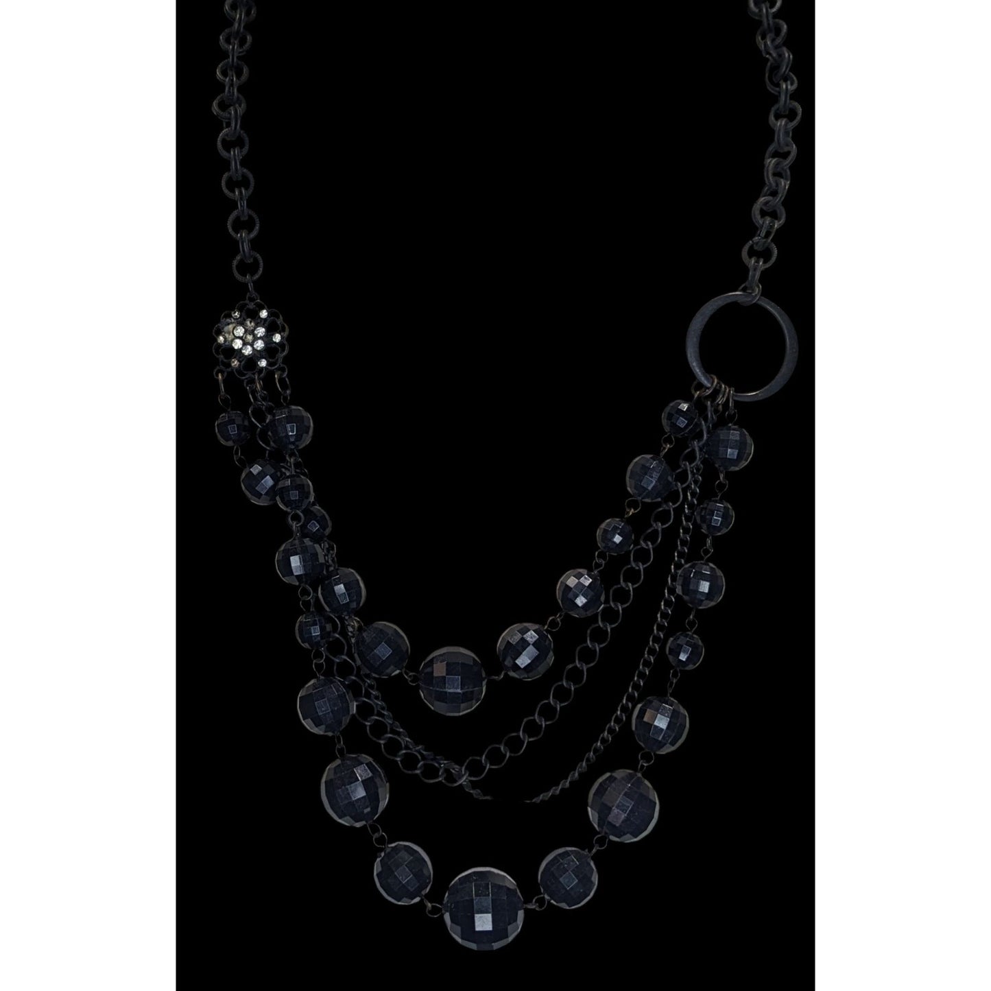 Goth Layered Black Beaded Chain Statement Necklace Rhinestone Accent
