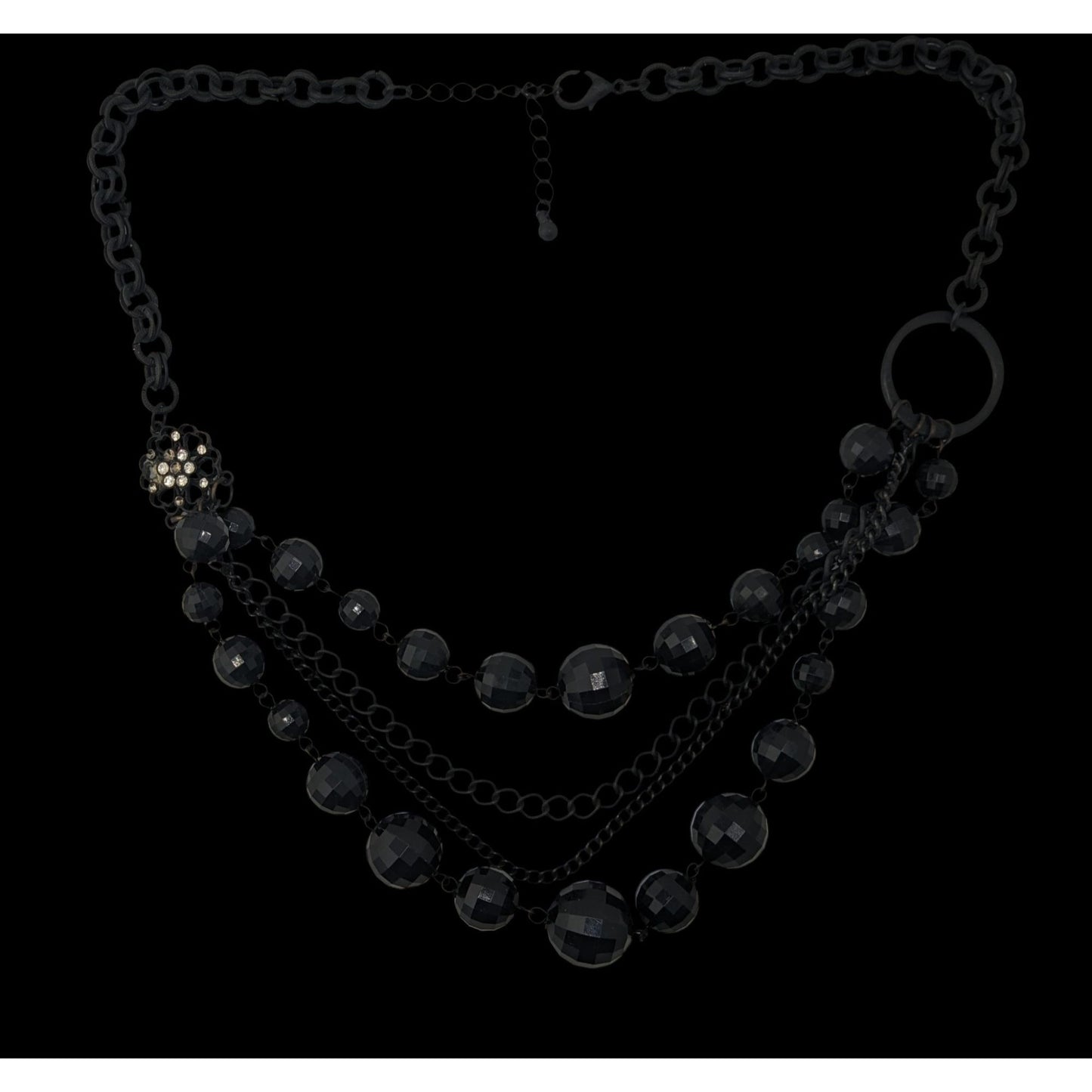 Goth Layered Black Beaded Chain Statement Necklace Rhinestone Accent