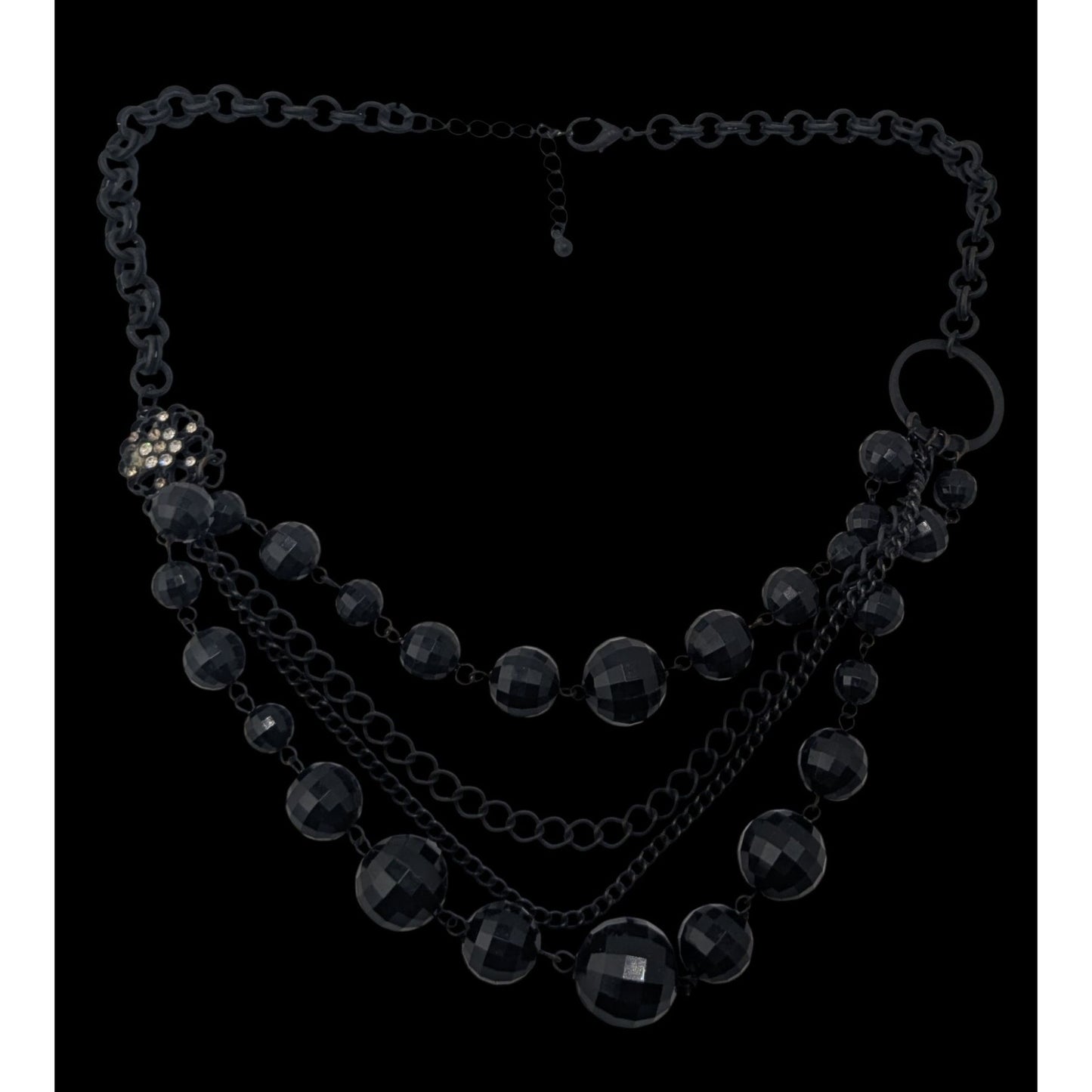 Goth Layered Black Beaded Chain Statement Necklace Rhinestone Accent