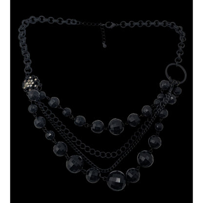 Goth Layered Black Beaded Chain Statement Necklace Rhinestone Accent
