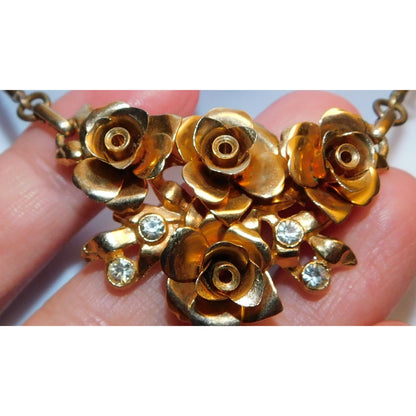 Vintage Romantic Gold Rose Rhinestone Necklace