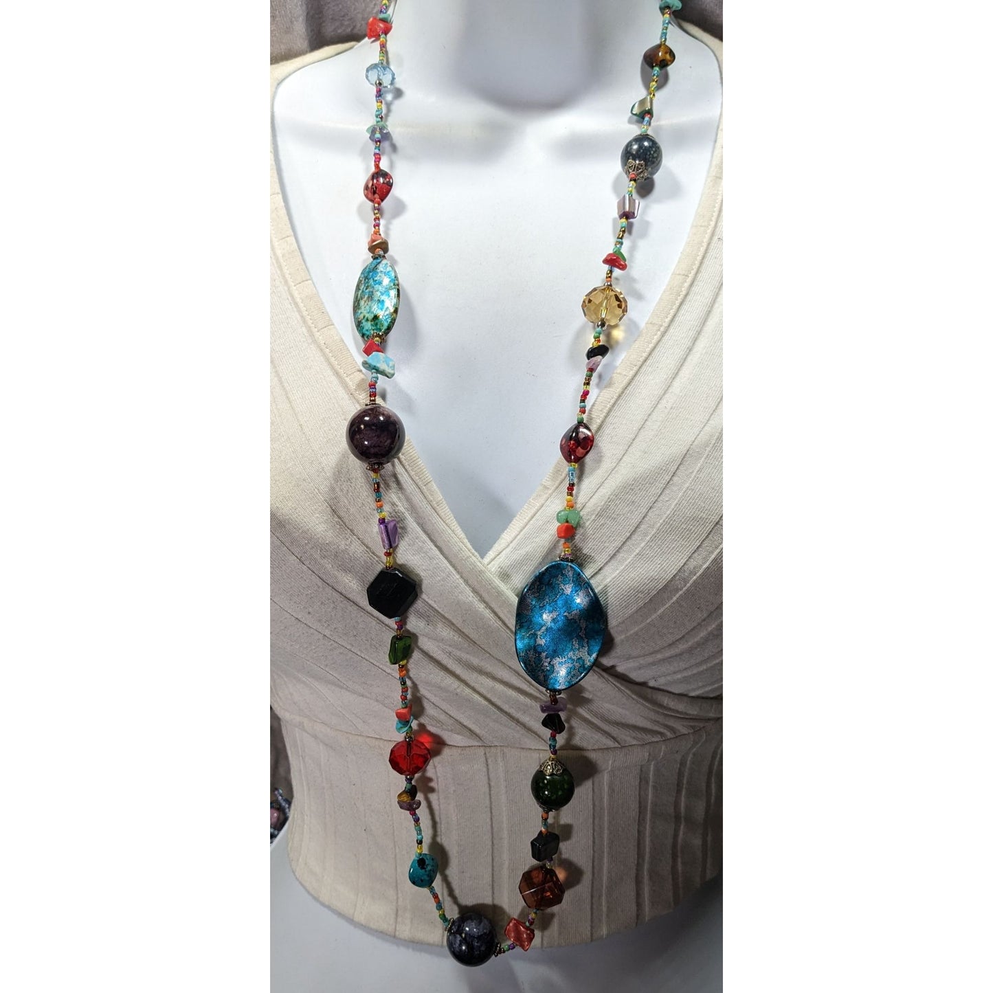 Rainbow Aristic Beaded Mixed Material Station Necklace
