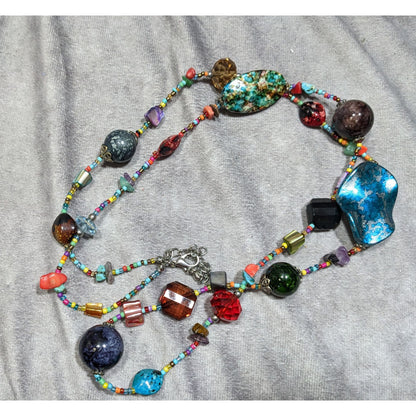 Rainbow Aristic Beaded Mixed Material Station Necklace