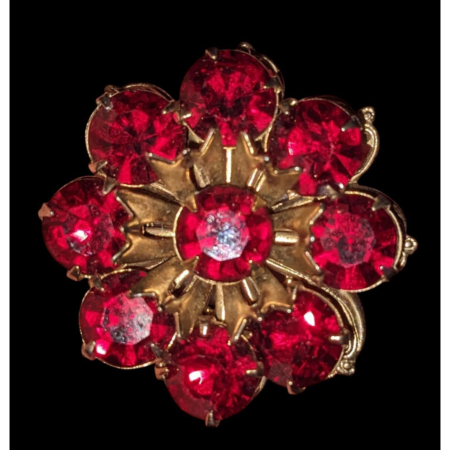 Vintage Vampire Red And Gold Tone Floral Gemmed Brooch