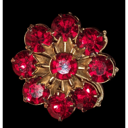 Vintage Vampire Red And Gold Tone Floral Gemmed Brooch