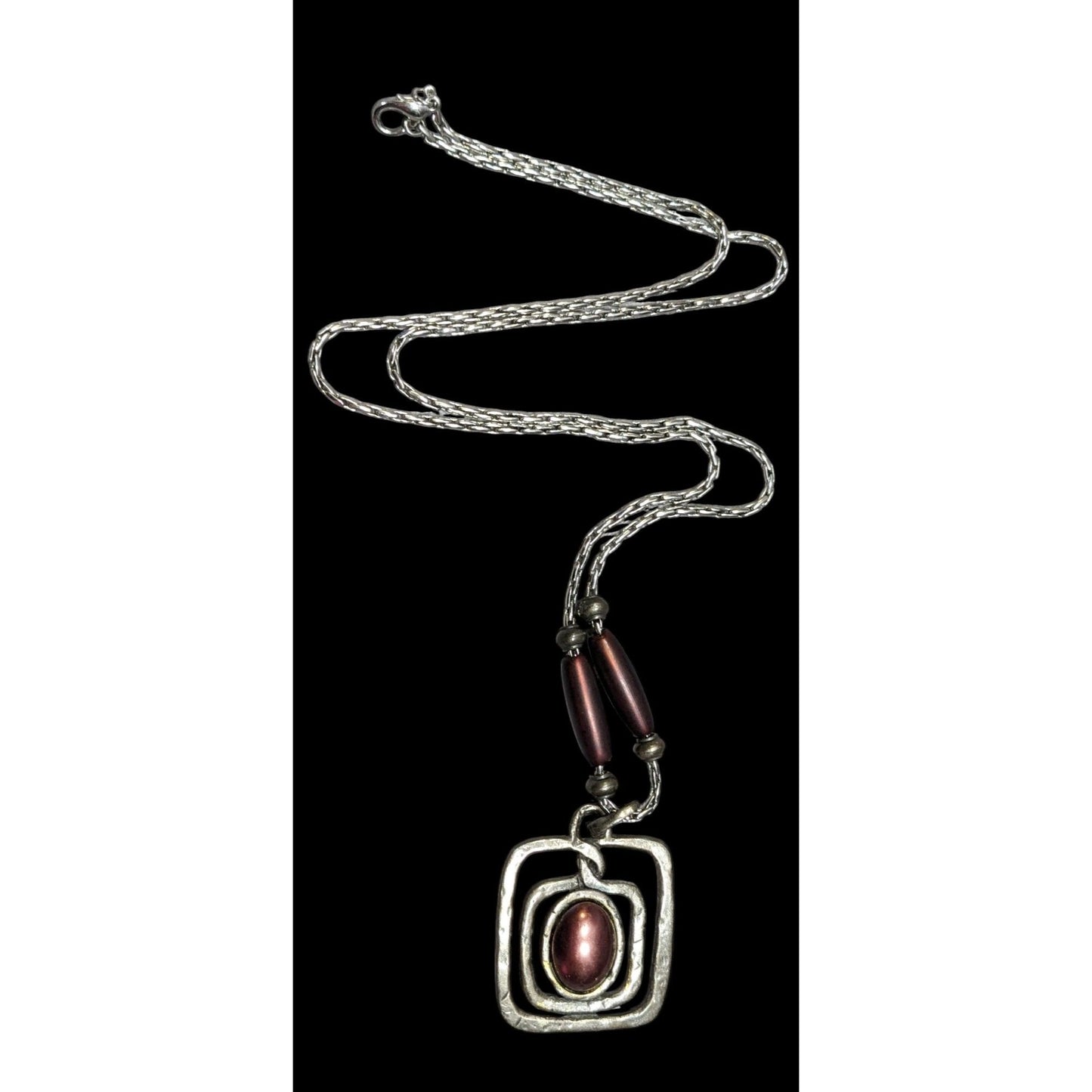 Brutalist Abstract Silver Tone Pendant Necklace With Burgundy Metallic Accents
