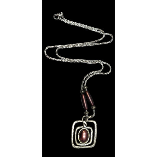 Brutalist Abstract Silver Tone Pendant Necklace With Burgundy Metallic Accents