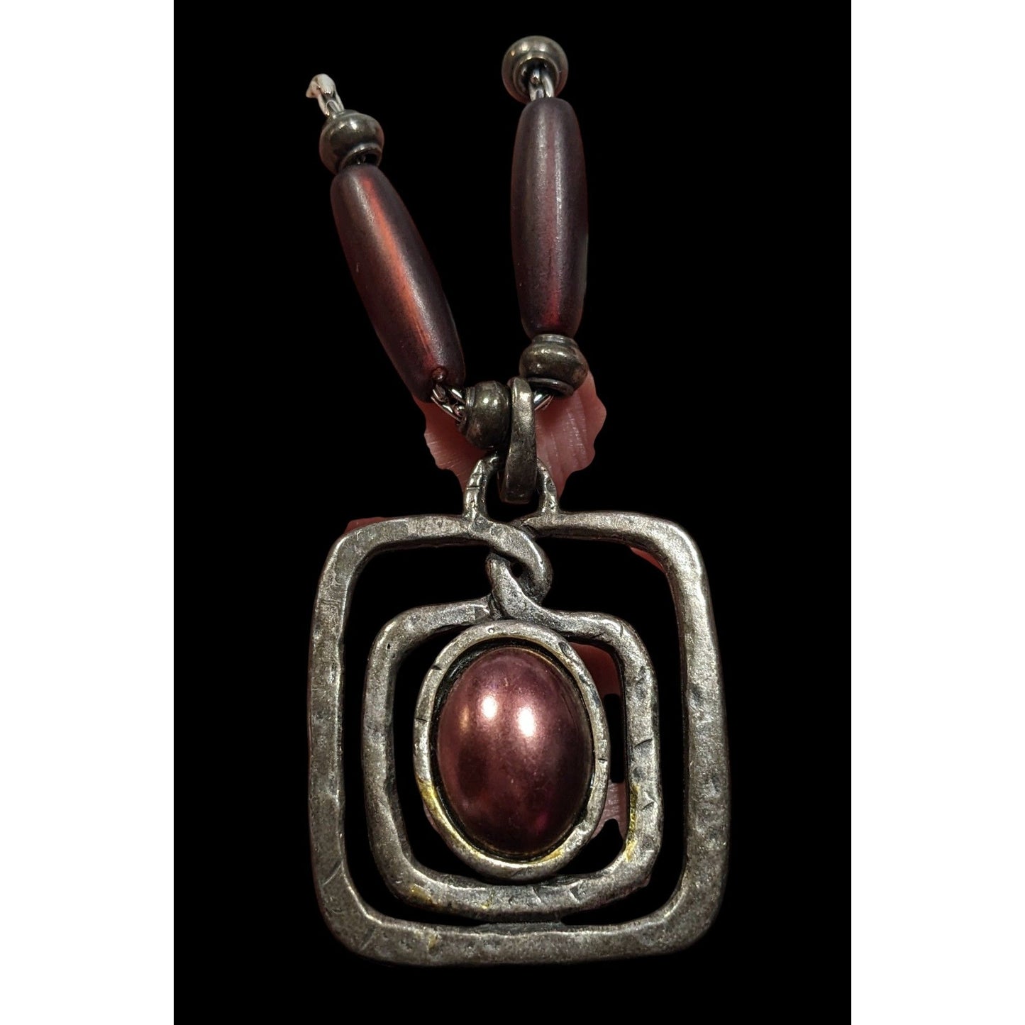 Brutalist Abstract Silver Tone Pendant Necklace With Burgundy Metallic Accents