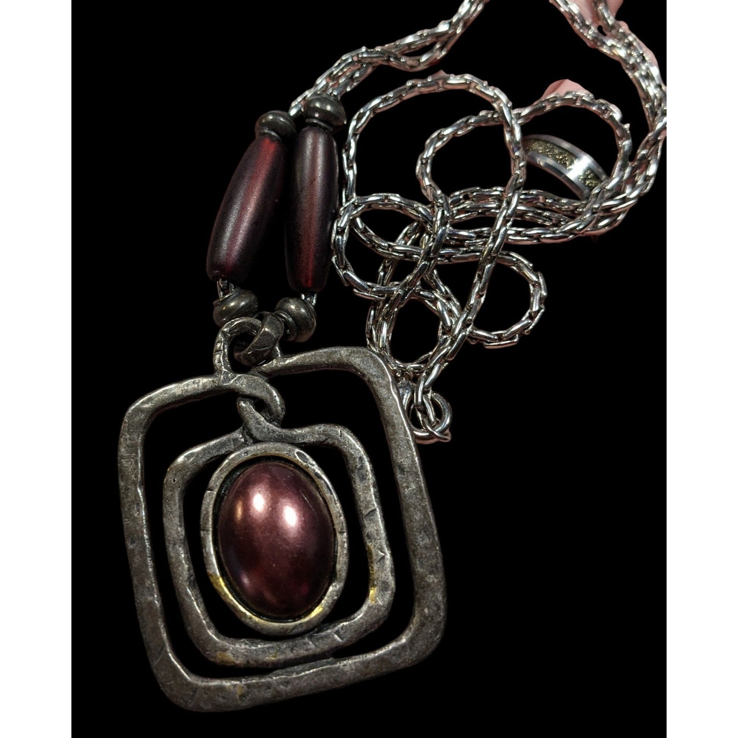 Brutalist Abstract Silver Tone Pendant Necklace With Burgundy Metallic Accents