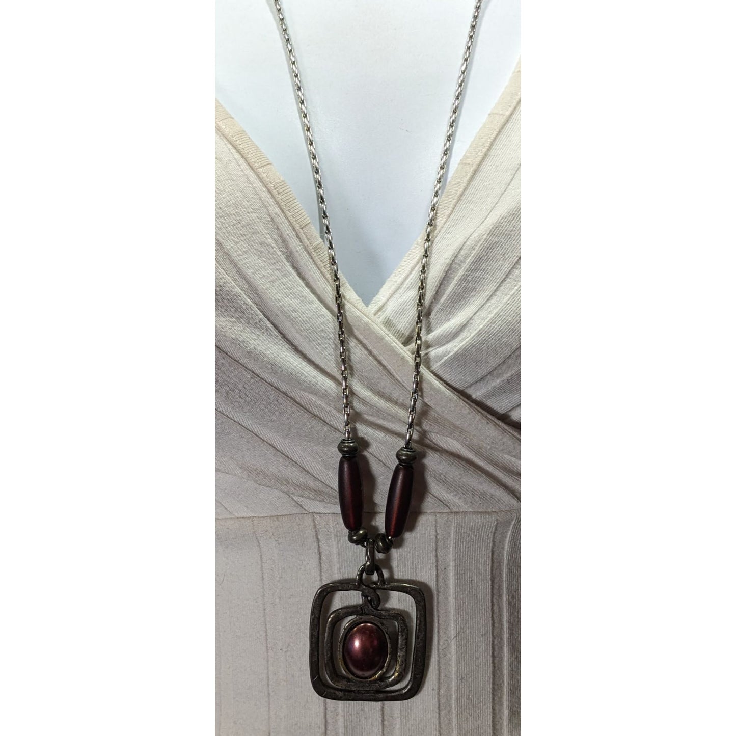 Brutalist Abstract Silver Tone Pendant Necklace With Burgundy Metallic Accents