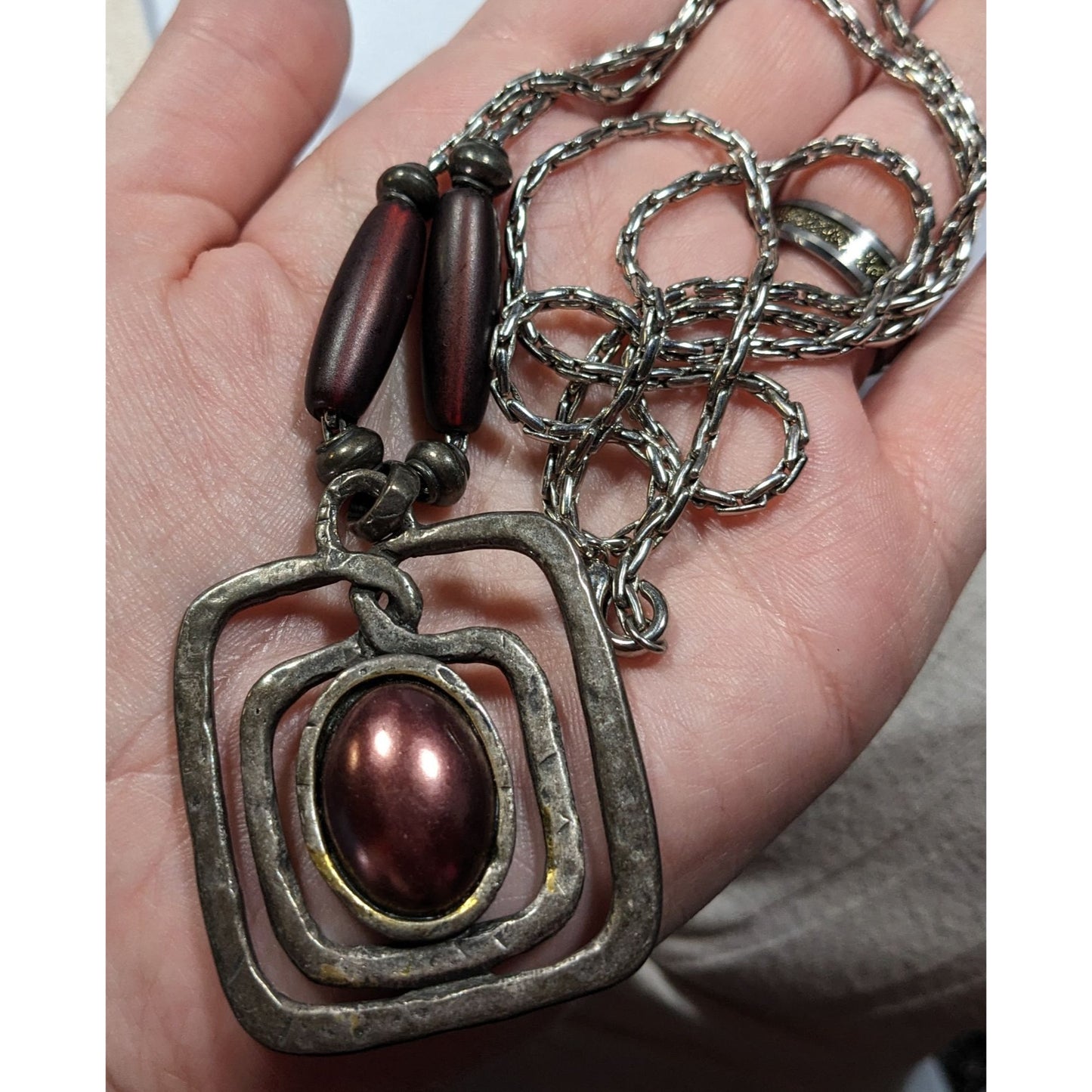 Brutalist Abstract Silver Tone Pendant Necklace With Burgundy Metallic Accents
