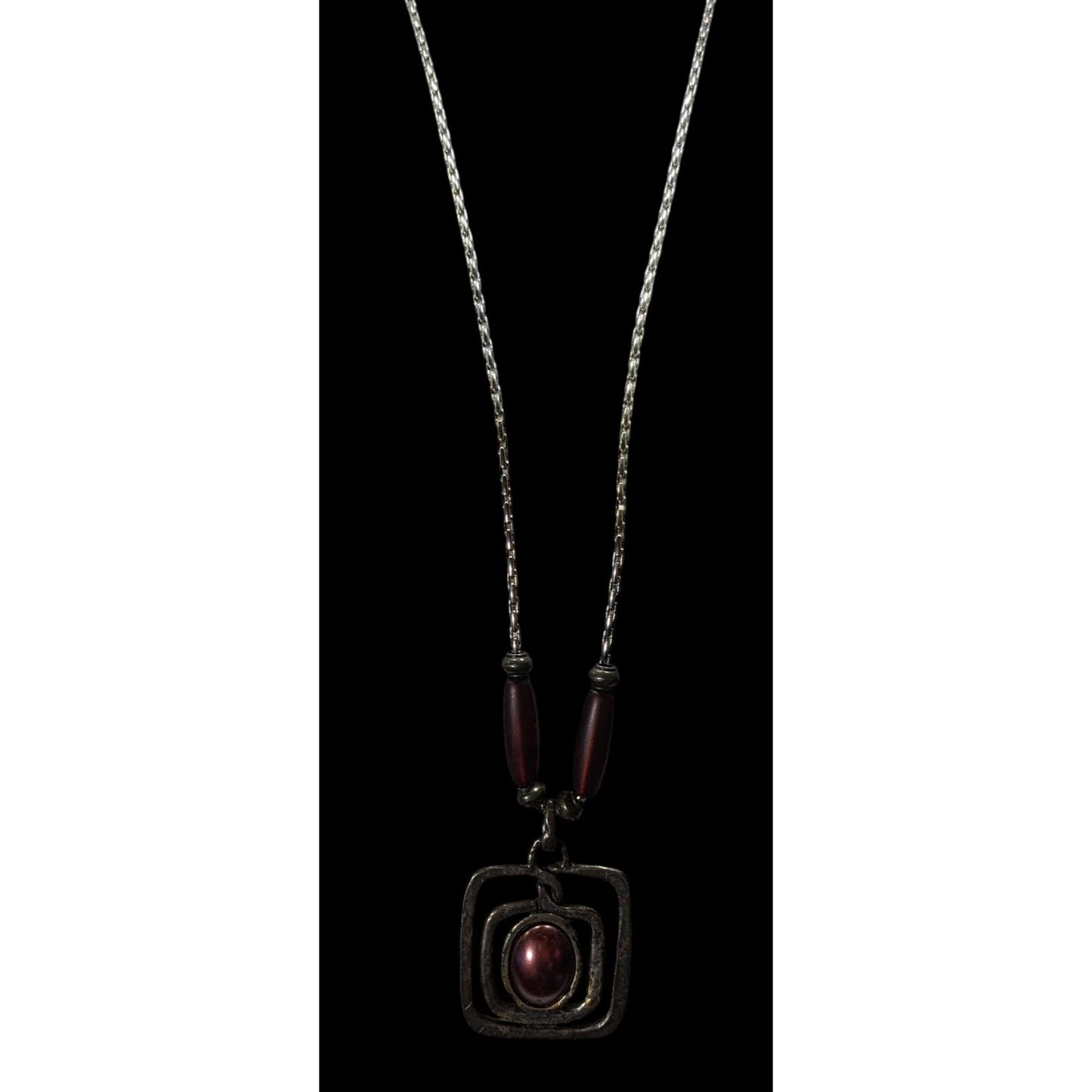 Brutalist Abstract Silver Tone Pendant Necklace With Burgundy Metallic Accents