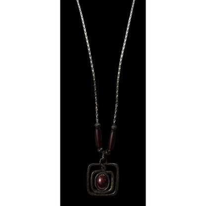 Brutalist Abstract Silver Tone Pendant Necklace With Burgundy Metallic Accents