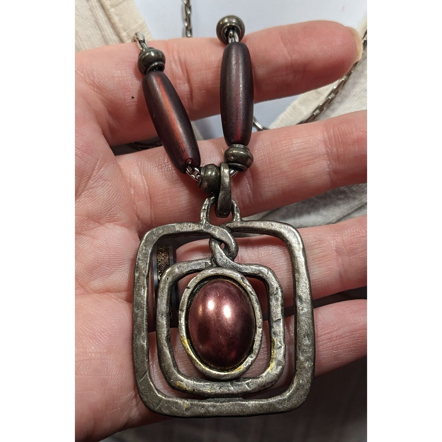Brutalist Abstract Silver Tone Pendant Necklace With Burgundy Metallic Accents
