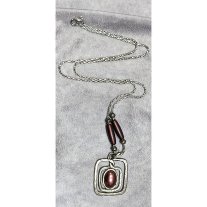Brutalist Abstract Silver Tone Pendant Necklace With Burgundy Metallic Accents